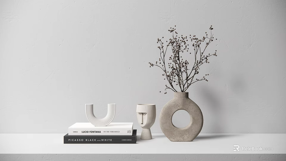 Minimalist Modern Tabletop Decorative Ornament Set With Books U Shaped Ornament Round Vase And Dried Branches 3d model 