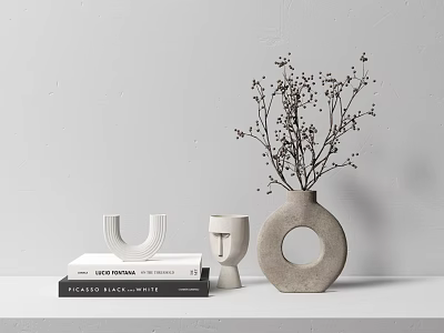 Minimalist Modern Tabletop Decorative Ornament Set With Books U Shaped Ornament Round Vase And Dried Branches 3d model