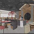 Modern Restaurant Interior With Unique Pendant Lights Round Window And Red Decorative Tree 3d model