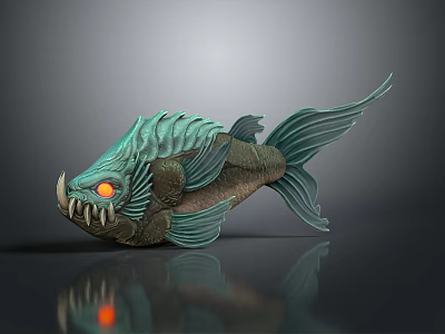 Teal Fish Sculpture With Glowing Red Eyes Sharp Fangs And Detailed Fins 3d model