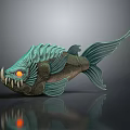 Teal Fish Sculpture With Glowing Red Eyes Sharp Fangs And Detailed Fins