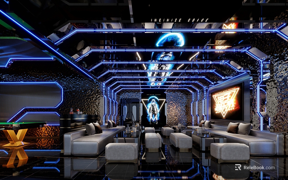 Futuristic KTV Lounge With Blue Neon Lights Sofas Bar Counter And Tech Inspired Decor 3d model 