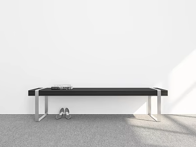 Modern Minimalist Bench With Books On Top And Shoes Underneath White Wall And Gray Carpet 3d model