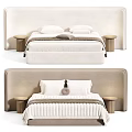 Modern Double Bed With Quilted Mattress Upholstered Headboard Pillows And Bedside Stool