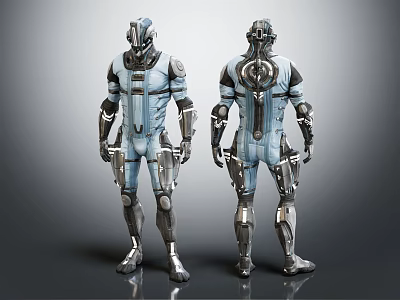 Two Futuristic Smart Machines With Blue Silver Mechanical Armor And Components 3d model