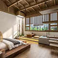 Minimalist Hotel Room Featuring Wooden Loft Circular Windows Staircase And King Bed