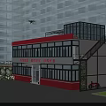 Red And White School Building Exterior With Glass Curtain Walls Staircase Green Plants And Vehicles
