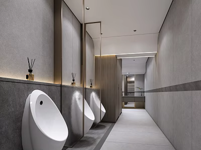 Modern Public Restroom Interior Design With White Urinals Mirrors And Wooden Elements On Gray Walls 3d model
