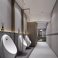 Modern Public Restroom Interior Design With White Urinals Mirrors And Wooden Elements On Gray Walls
