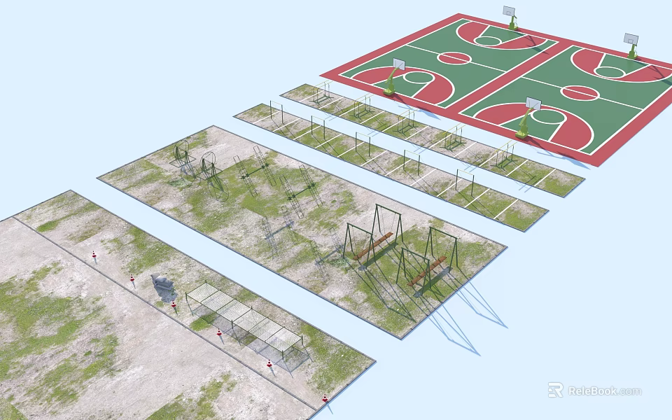Outdoor Sports Facility Layout With Basketball Courts And Fitness Training Equipment 3d model 