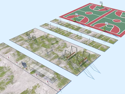 Outdoor Sports Facility Layout With Basketball Courts And Fitness Training Equipment 3d model