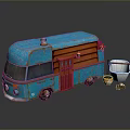 Blue Vintage Food Truck Exterior Design With White Containers And Small Bowl