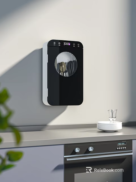 Modern Wall Mounted Kitchen Appliance With Black White Design Storing Tableware Plates Glasses On Countertop 3d model