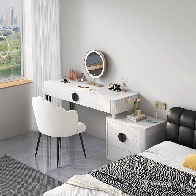 Modern White Dressing Table With Round Mirror White Chair And Cosmetics 3d model 