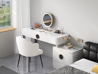 Modern White Dressing Table With Round Mirror White Chair And Cosmetics 3d model