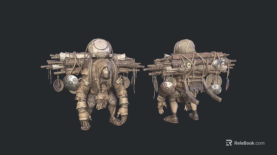 Two Tribal Warriors Carrying Heavy Load Of Weapons Tools And Gear 3d model 