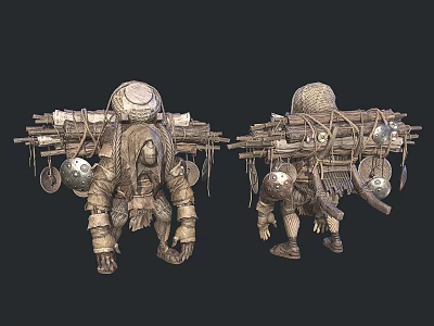 Two Tribal Warriors Carrying Heavy Load Of Weapons Tools And Gear 3d model