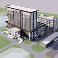 Modern Multi story Office Building With Symmetric Facade And Green Lawn Surroundings