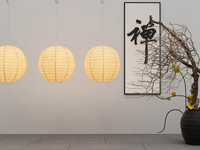 Zen Style Round Paper Lantern Chandeliers With Calligraphy Art And Potted Plant Decoration 3d model