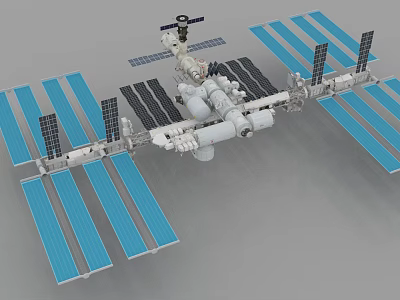 Cartoon Scene of International Space Station with Blue Solar Panels and Robotic Arm 3d model