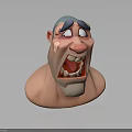 3D Cartoon Character Head Model With Exaggerated Angry Expression Blue Hair And Band Aid