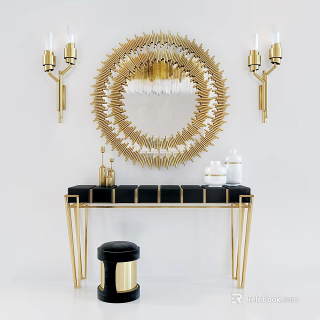 Luxury Gold And Black Dressing Table With Round Mirror Wall Sconces And Stool 3d model 