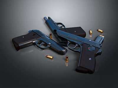Three Revolvers with Wooden Grips and Metal Frames Alongside Scattered Bullets on Dark Surface 3d model