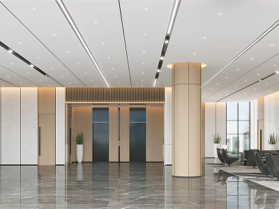 Modern Front Desk Reception Interior Featuring Marble Floor Ceiling Lights And Green Plants 3d model