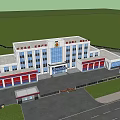 Fire Rescue Office Building With Red White Exterior Glass Curtain Walls Front Plaza and Trees