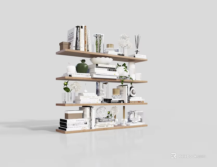 Stylish Decorative Ornament Combination On Multi Layer Shelf With Books Vases Plants And Frames 3d model