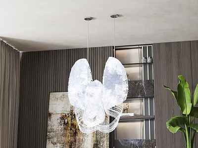 Modern Sculptural Chandelier With Transparent Design In Interior With Wooden Wall Artwork And Green Plant 3d model