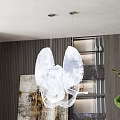 Modern Sculptural Chandelier With Transparent Design In Interior With Wooden Wall Artwork And Green Plant