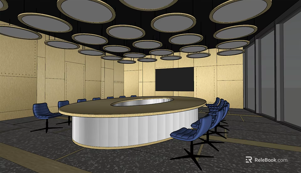 Modern Meeting Room Featuring Round Conference Table Blue Chairs Circular Ceiling Lights And Golden Walls 3d model 