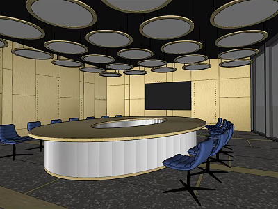 Modern Meeting Room Featuring Round Conference Table Blue Chairs Circular Ceiling Lights And Golden Walls 3d model