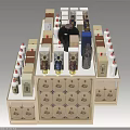 Wooden Multi Tiered Liquor Cabinet Displaying Various Bottles And Boxes 3d model