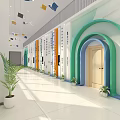 School Library with Classic Chinese Books and Colorful Bookshelves and Potted Plants