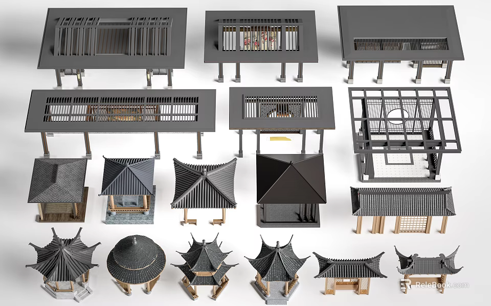 Various Landscape Pavilion Designs With Traditional And Modern Roof Structures 3d model 