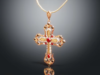 Stunning Golden Cross Pendant Adorned With Red Gemstones And Intricate Details 3d model