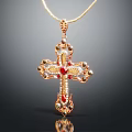 Stunning Golden Cross Pendant Adorned With Red Gemstones And Intricate Details