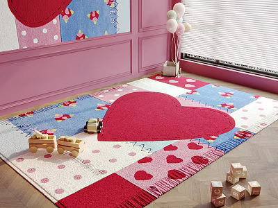 Colorful Square Rug With Heart Pattern In Kids Room With Toys 3d model