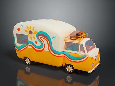 Vintage Food Truck With Colorful Sun And Flower Patterns For Mobile Food Service 3d model