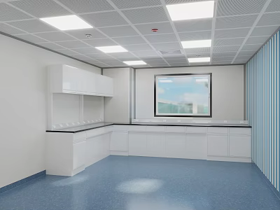 Modern Laboratory Interior Design With White Cabinets Countertops Blue Flooring Window And Ceiling Lights 3d model