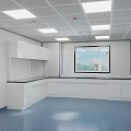 Modern Laboratory Interior Design With White Cabinets Countertops Blue Flooring Window And Ceiling Lights