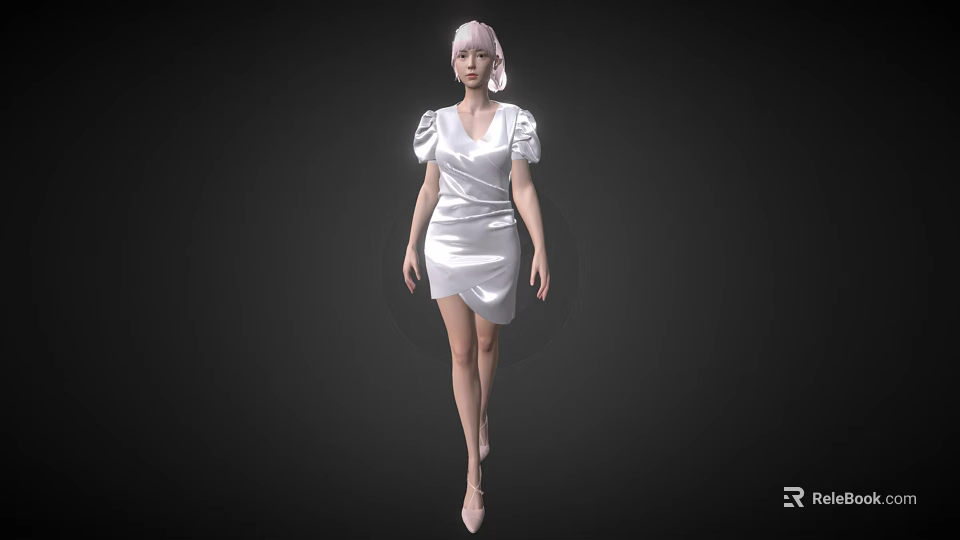 Woman with Pink Hair Wearing White Satin Dress Puffed Sleeves and High Heels 3d model 