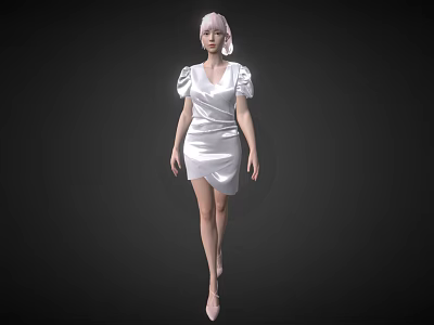 Woman with Pink Hair Wearing White Satin Dress Puffed Sleeves and High Heels 3d model