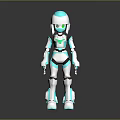3D Humanoid Robot Character With Blue White Body Green Eyes On Reflective Surface