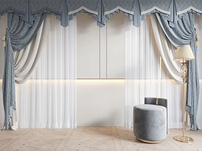 Blue And White Pleated Curtains With Valance Design In Modern Interior With Floor Lamp 3d model