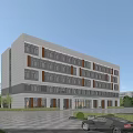Modern Office Building Exterior With White Facade Dark Windows Greenery And Parking