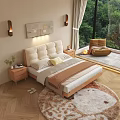 Modern Bedroom Interior With Upholstered Headboard Bed Wooden Nightstand Soft Rug And Scenic Green View