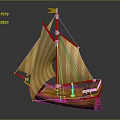 Wooden Sailboat Model With Orange And White Striped Sails And Mast